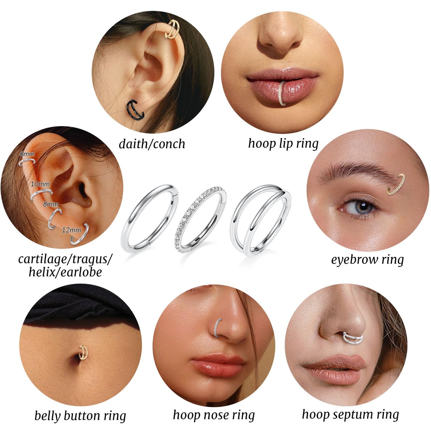 GAGABODY Septum Ring Septum Jewelry Seamless Double Hoop Conch Piercing Jewelry 14 Gauge Nose Ring Hoop 14g Cartilage Earring with CZ Lip Rings 6mm Nose Hoop Surgical Steel Helix Earrings Silver