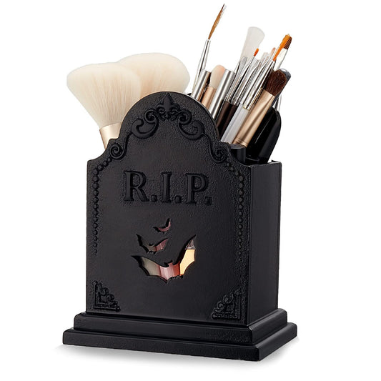 Gueevin Gothic Makeup Brush Holder Tombstone Wooden Pen Holder Spooky Christmas Decor Witchy Home Bathroom Decor Office Brushes Organizer for Desk Gothic Gifts for Women Vanity Accessories