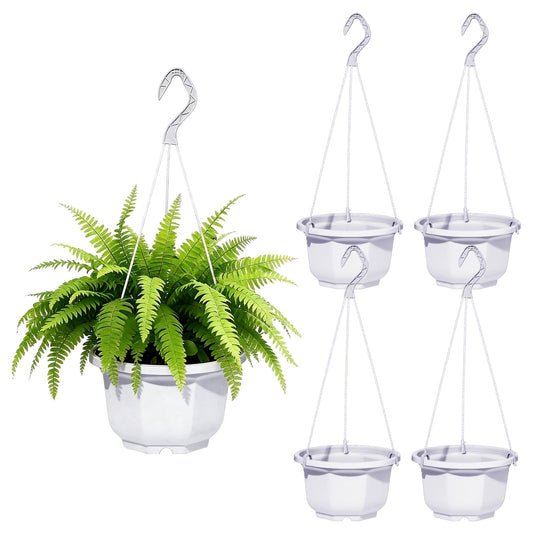 Liobelon 4 Pieces Plastic Hanging Planters, 6.7 x 5.5 Inch Hanging Flower Basket with Hook Hanging Nursery Planter Holder Small Flower Pots for Outdoor Indoor Plant Garden (White)