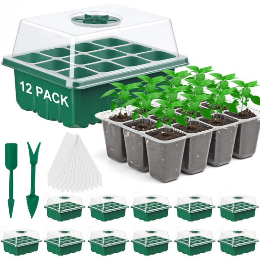 DJGINRO 12 Pack Seed Starter Tray Seed Starter Kit (144 Cells Total Tray) with Humidity Adjustable Dome, for Seeds Growing Starting Plant Germination Trays, Mini Green House Germination Trays.