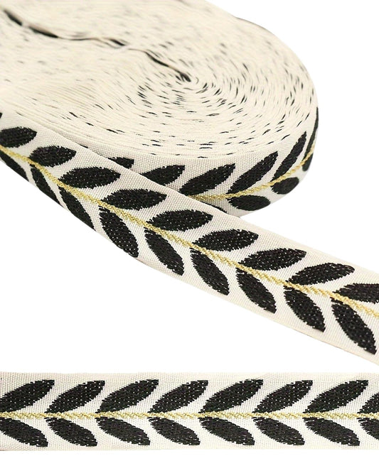 MSCFTFB 20 Yards Leaf Ribbon for Gift Wrapping, 1 inch Ribbon for Flower Bouquet, Fabric Trim Embroidery Jacquard Ribbon for Hair Bow Craft,Christmas,Valentine,Wedding Decoration (Black)