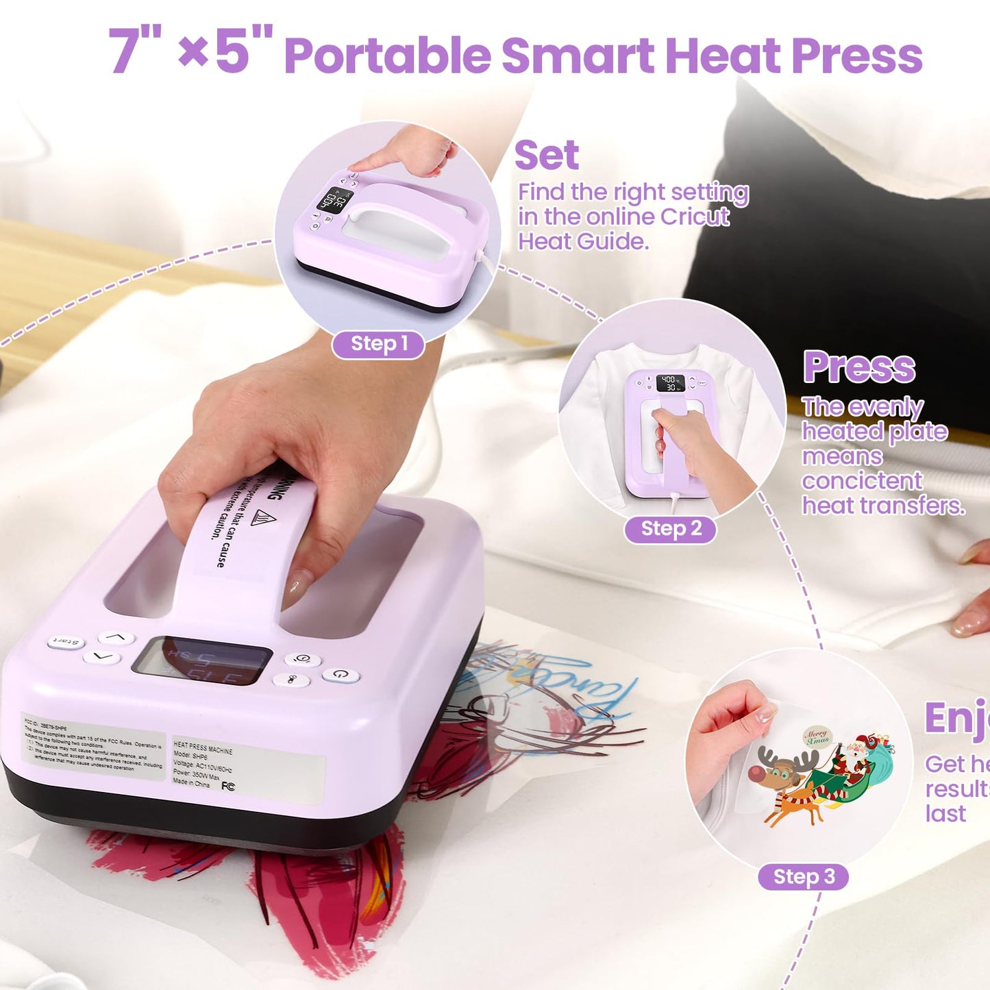 Whubefy Heat Press Machine for T-Shirts, 7"x5" Portable Easy Press T Shirt Pressing Machine with Bluetooth, Sublimation Heat Press Transfer Machine for T-Shirts, Hats, Bags Vinyl Projects