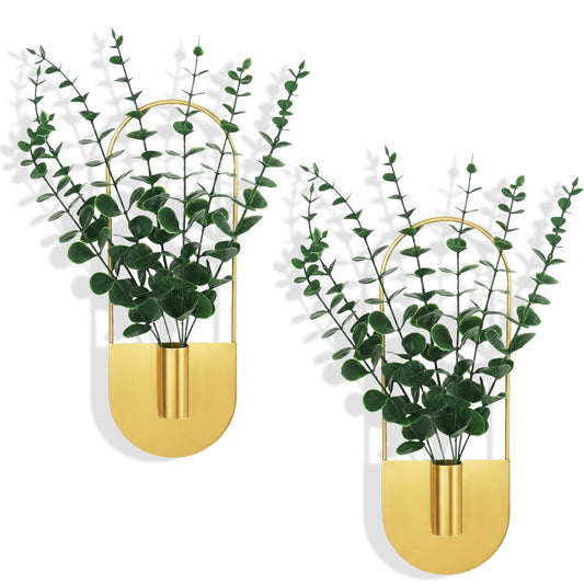 Nacidooka 2 Pcs Boho Wall Decor Hanging Planters with Artificial Eucalyptus Wall Plant Holder for Indoor Plants, Metal Hanging Vase Modern Art for Home Bathroom Living Room Hallway Office(Gold)