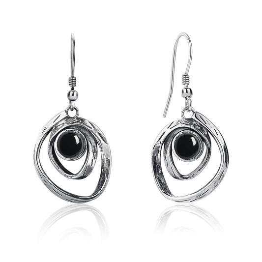 Phyonio Black Onyx Earrings for Women 925 Sterling Silver Black Onyx Dangle Earrings Vintage Spiral Ear Hook Earrings, Y0455E-1FBACG
