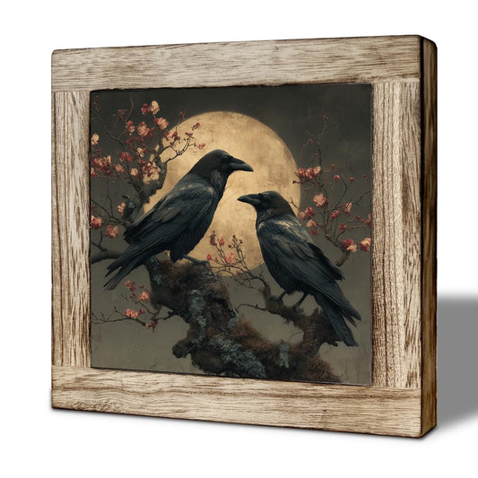 Gothic Raven Couple Moon Wooden Desktop Sign, Dark Academia Crow Wood Plaque Tabletop Decor, Vintage Moody Bird Wooden Sign for Bedroom Living Room Office Shelf