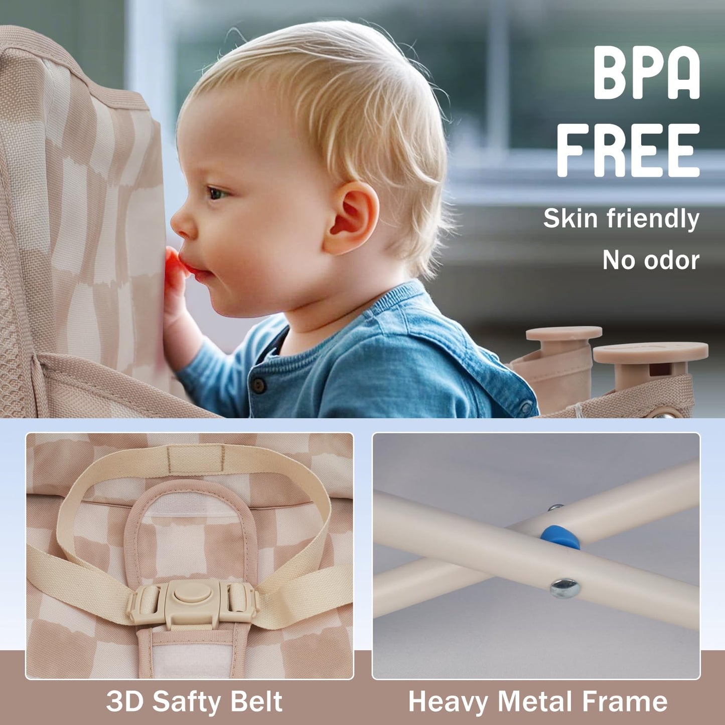 Tiny Marvels Portable 3-in-1 Baby Chair, Cozy Booster Seat, Baby Seat with Tray, Compact Foldable, Toddler Chair with Child Safety Belt Carry Bag, Perfect for Travel (Sand Checker)