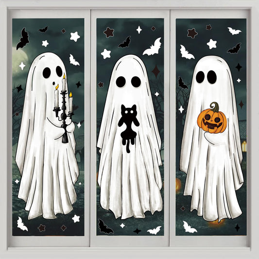 Heirloom Haven 3 Sheets Halloween Large Ghosts Window Clings,Bats Black Cat Spooky Pumpkin Window Stickers for Halloween Home Holiday Party Store Glass Decoration