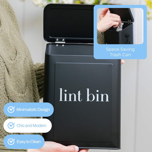 The Moda Collection Magnetic Laundry Lint Bin for Dryer | Wall-Mounted Small Trash Can for Laundry Room | Includes Magnetic Hook & Lint Brush | Space-Saving Magnetic Laundry Trash Can | Matte Black