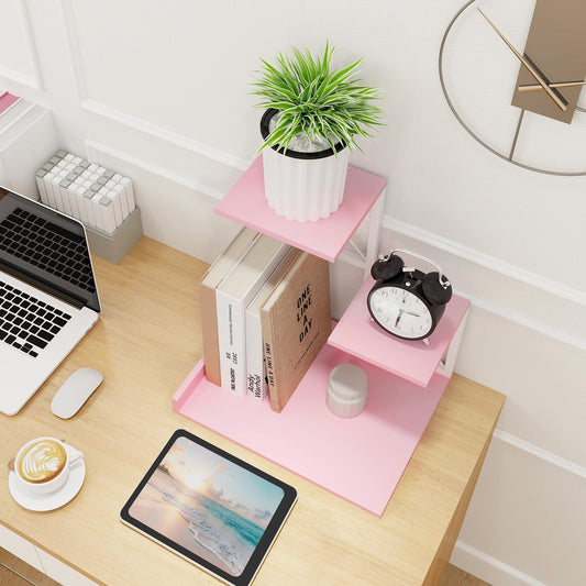 ELITEROO Desktop Shelf, Aesthetic Desk Organizer Table Top Mini Bookshelf, 3 Tier Wooden Desk Supplies Organizers and Storage Stand Cubicle Accessories for Women Office, Pink