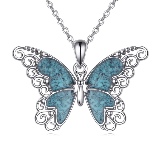 HKPATOP Butterfly Necklace 925 Sterling Silver Turquoise Necklace Butterfly Jewelry for Women