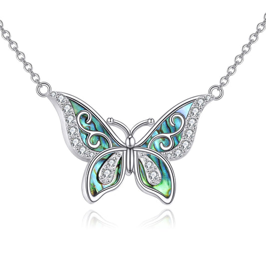 KQF Butterfly Necklace 925 Sterling Silver Butterfly Pendant Abalone Shell Jewelry Gift for Women Mom Daughter