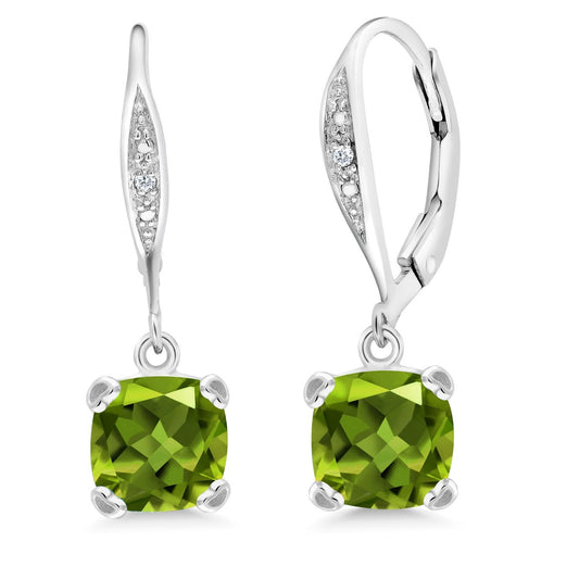 Gem Stone King Drop Dangle Earrings For Women | 7MM Cushion Cut Gemstone Birthstone and Diamond | 925 Sterling Silver | Jewelry Gift for Mom Wife Her | Peridot-August | Sterling Silver