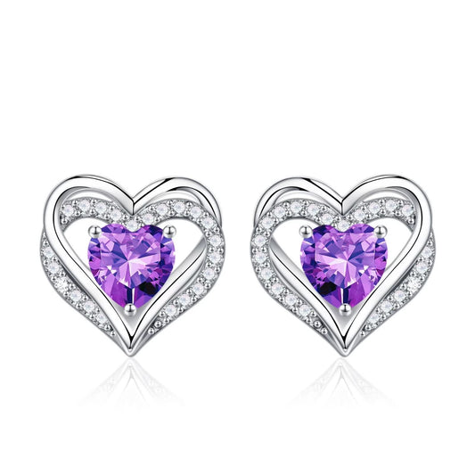 Iefil Birthstone Earrings for Women - 925 Sterling Silver February Birthstone Purple Amethyst Heart Stud Earring for Women