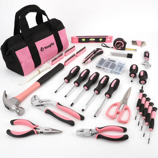 Yougfin Pink Tool Set, 215 Pcs Home Repairing Tools Kit For Girls & Women With Portable Bags, Includes All Essential for Household, Garage, Office and College Dormitory Use, Pink & Black