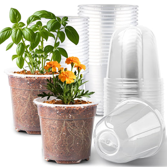 RooTrimmer 6 Inch Clear Nursery Pots with Humidity Dome, 30 Pack Reusable Seed Starter Pot with Drainage Holes, Transparent Plastic Plant Seedling Pots for Propagation Indoor Plants Outdoor Gardening