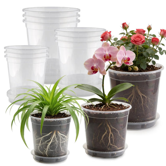 BTPLASTIK 1/2/3/5 Gallon Clear Nursery Pots with Saucers 4 Size Set 12P, Round Plastic Plant Pots with Drainage Holes