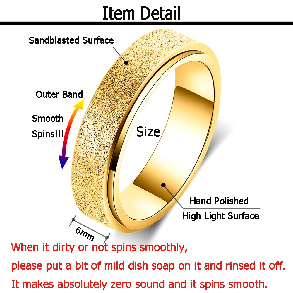 OreilleStar Titanium Stainless Steel Anxiety Ring for Women Men Fidget Toys Adults Spinner Ring 6mm Wide Cool Mood Rings Band Rings Hand Polished Gold Size 8