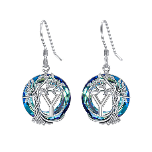 TOUPOP Tree of Life Initial Earrings Sterling Silver Initial Y Letter Drop Dangle Earrings Blue Circle Crystal Family Tree Jewelry Birthday Mothers Day Gifts for Women Mom Her