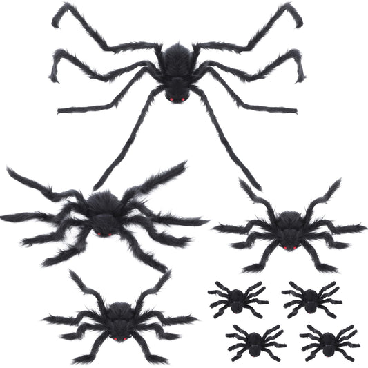Amyhill 8 Pack Halloween Giant Hairy Spiders 59", 35.4", 23.6",11.8" Assorted Sizes Hairy Spiders Props for Halloween Outdoor Indoor Yard Haunted House Porch Party Decorations(Black)