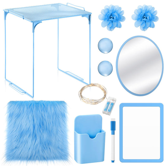 Patelai 11 Pcs Locker Accessories Kit Included Locker Shelf Magnetic Mirror Pen Holder Whiteboard Marker Faux Fur Rug Light String and Magnet for Back to School Essentials(Blue)