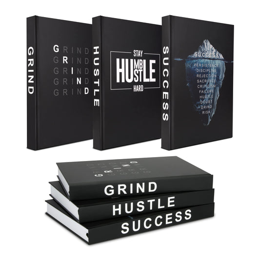Hardcover Grind Hustle Success Book Decor for Men & Women, Decorative books for Home Decor, Office Decor for Men and Desk Decor for Men, Motivational gift with Black Cover and Blank Pages