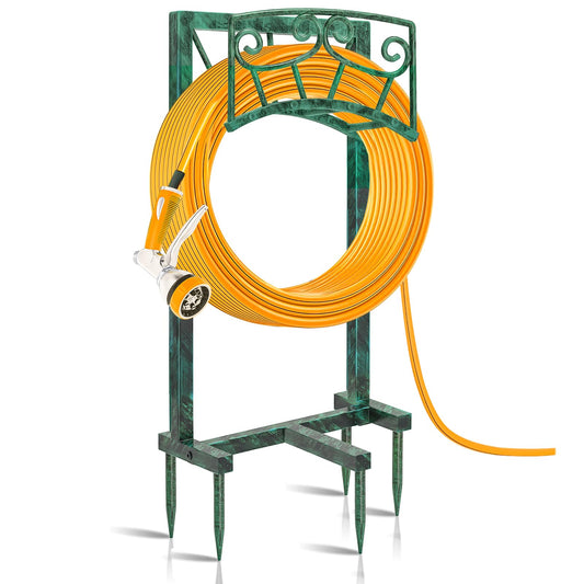 Garden Hose Holder, Heavy Duty Metal Water Hose Holders Hose Stand with 5 Spikes, Freestanding Hose Storage Rack Hose Hanger Holds 150ft Hose for Outside Yard Lawn Garden Decor (Retro Green)