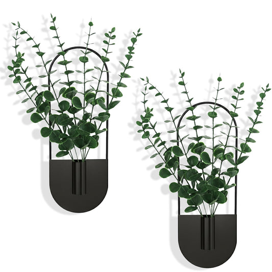 Nacidooka 2 Pcs Boho Wall Decor Hanging Planters for Indoor Plants, Hanging Plant Holder with Artificial Eucalyptus Modern Bathroom Metal Wall Art for Living Room Hallway Home Office(Black)