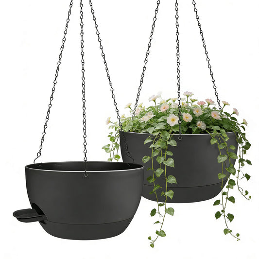 CNLBO 12 Inch Self Watering Hanging Planters 2 Pack, Indoor Outdoor Hanging Pots for Plants with Drainage Holes & Saucers, Black Plastic Hanging Baskets for Kitchen Balcony Garden