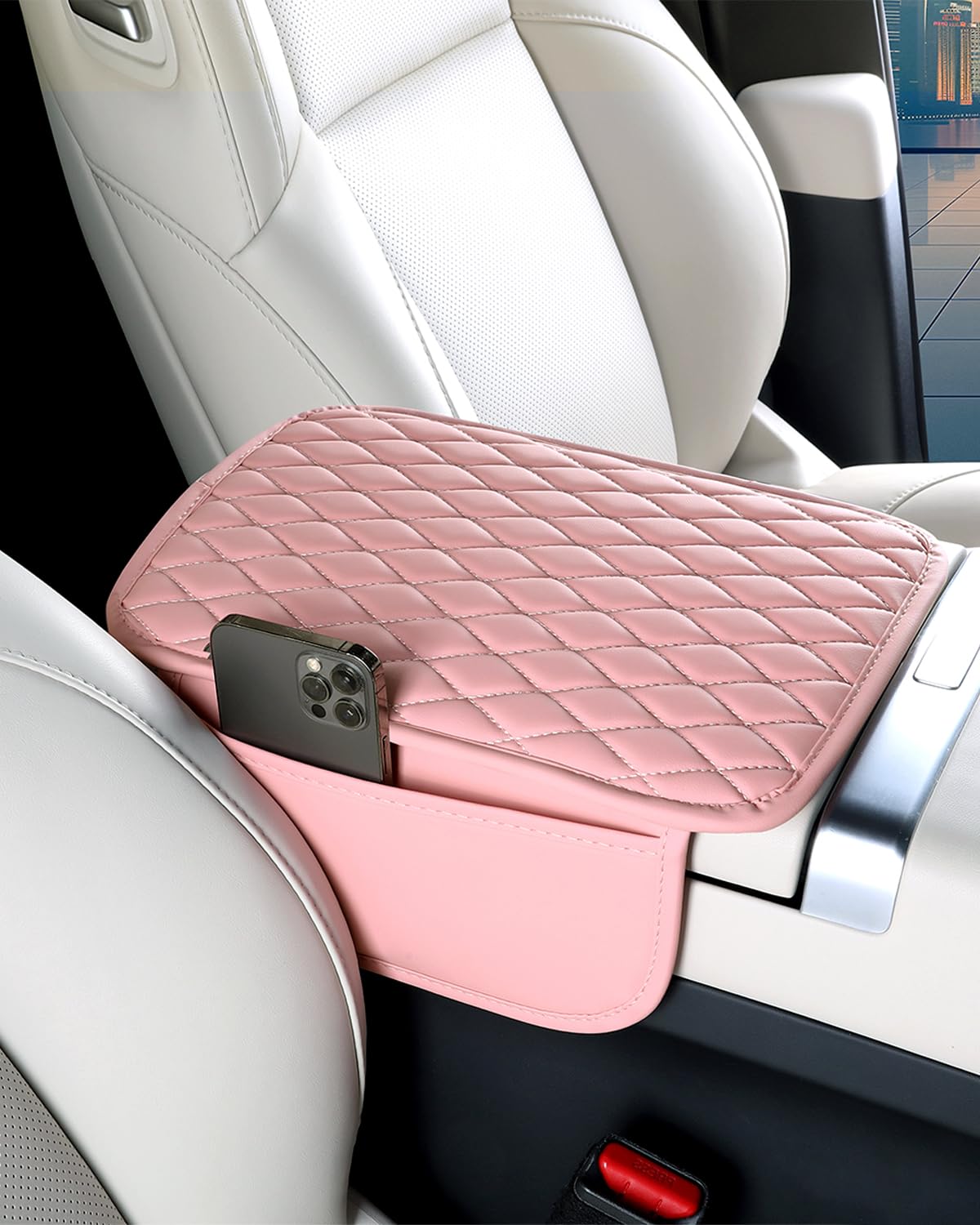 ESKONKE [Upgraded] Car Center Console Cover with 2 Storage Bags - Premium Nappa Leather Armrest Cover, Scratch & Wear Resistant, Waterproof Car Interior Accessories (Classic - Black)