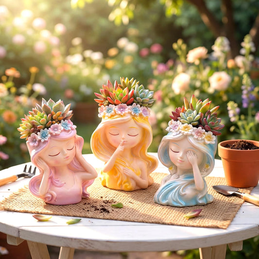 Teecyhooo 3 Pcs Miniature Fairy Head Succulent Plant Pot Set, 4 Inch Angel Face Flower Pots, Indoor Cactus Pots, Cute Vase Decorations for Garden Home Decor Plant Lovers Gift