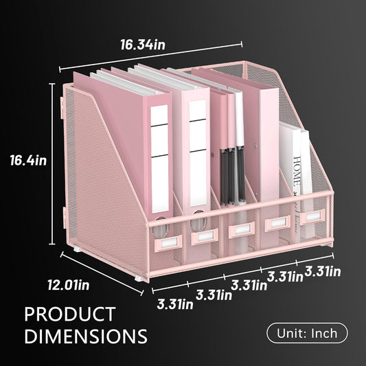 DALTACK Desk Organizers Metal Magazine File Holder with 5 Vertical Compartments Folder Storage Binder Organizer for Office Home School Organization, Pink Plus