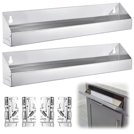 Yiyiring 2 Set 16 Inch Stainless Steel Sink Drawer Tip Out Tray Kit Include Tip-Out Sink Trays and Hinges Large Pull Out Storage Organizer for Kitchen Bathroom Base Cabinets