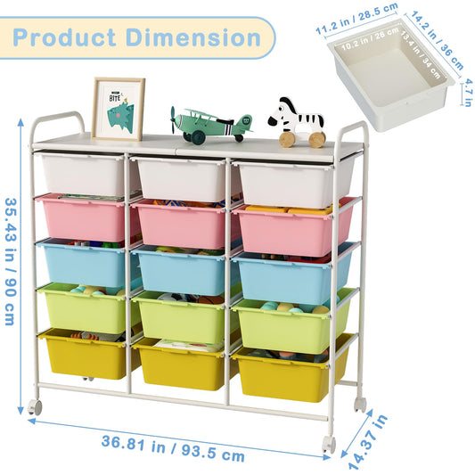 Ytaoka 15 Drawers Rolling Cart With Wheels, Plastic Storage Drawer With Metal Frame, Multipurpose Art Craft Organizer, Utility Cart for Home, Office, School, Multicolor
