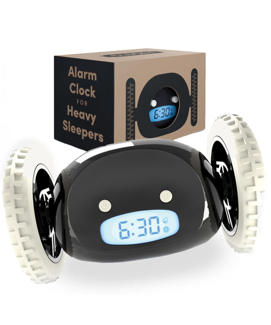 CLOCKY Alarm Clock on Wheels – Loud Rolling Alarm Clock for Heavy Sleepers | Runaway Clock that Jumps & Runs to Wake You Up | Funny Unique Gift for Adults, Teens & Kids Bedrooms (Black)
