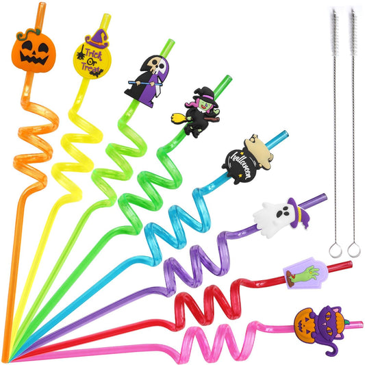 48 Pieces Halloween Reusable Drinking Straws, Grave Ghost Cats Pumpkin Witch Spider Pattern Party Favors Goodie Gifts for Kids Halloween Party Supplies