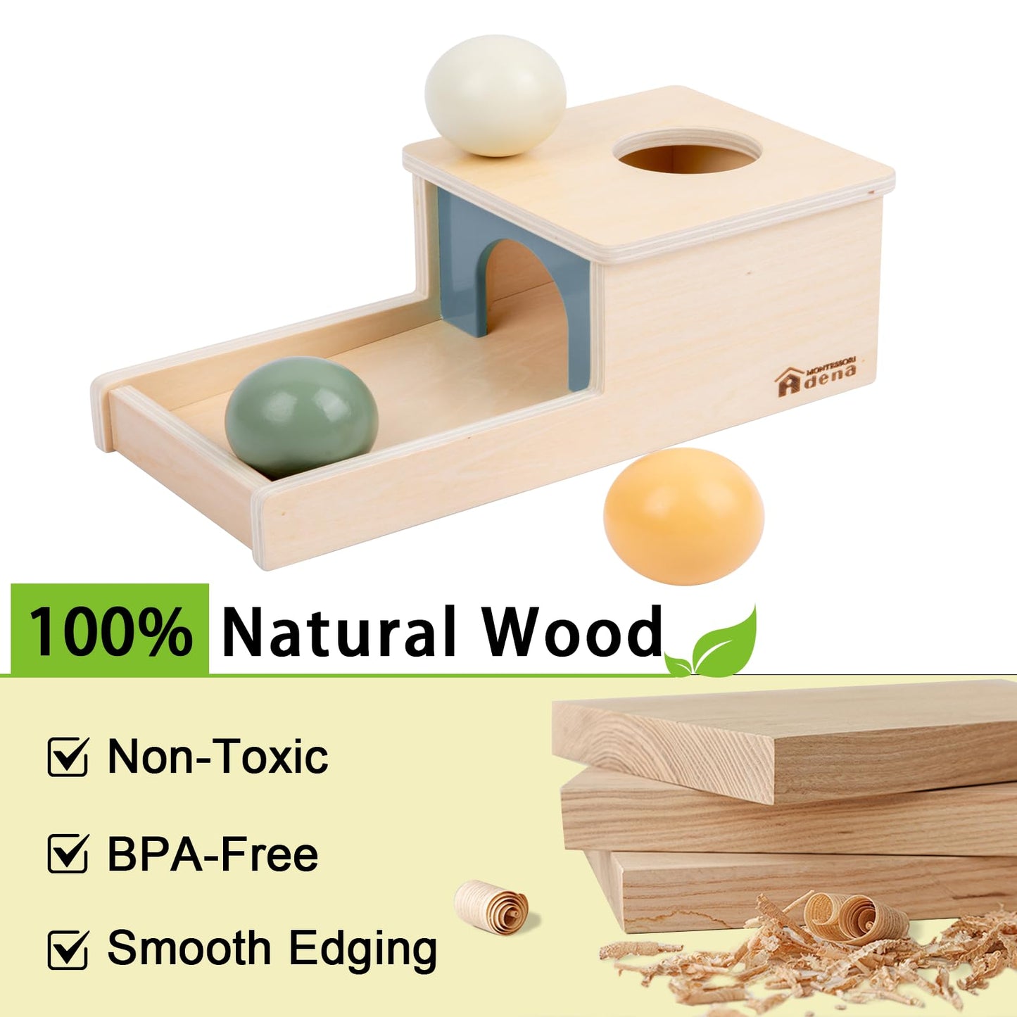 Adena Montessori Wooden Toy for 6-12 Month Baby 3 Balls, Object Permanence Box with Tray Colorful Learning Education Toy for Toddler Kid 1-2 Year Old, Preschool Developmental Girl and Boy Gift
