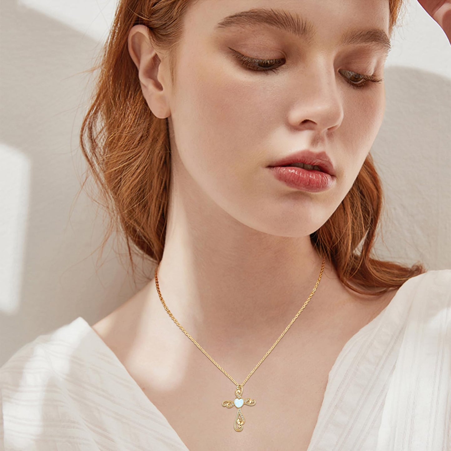 Twoowl 14K Gold Plated Cross Necklace 925 Sterling Silver White Opal Faith Pendant Religious Christian Jewelry Gifts for Mom Women