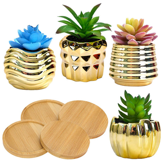 ROSE CREATE 4pcs 3.5 Inches Gold Mini Succulent Ceramic Pots Holder with 4pcs Bamboo Trays, Small Simple Golden Porcelain Plant Cactus Flower Holder Decorative Planters, Plants Not Included