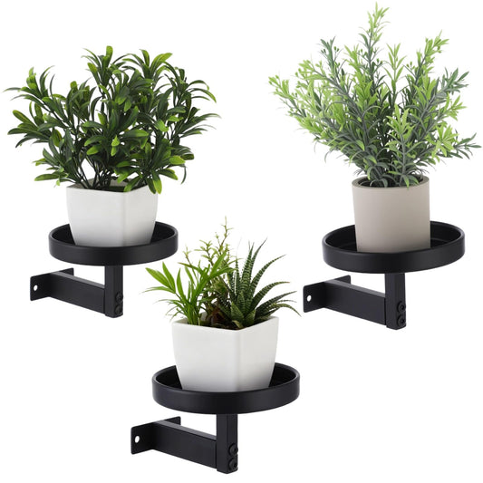 OMISTAR 3 Pcs Wall Plant Holder, 5.9 in Metal Floating Shelf with Round Tray, Wall Mounted Plant Stand for Indoor Greenery, Space-Saving Design for Living Room, Bedroom, Home Office