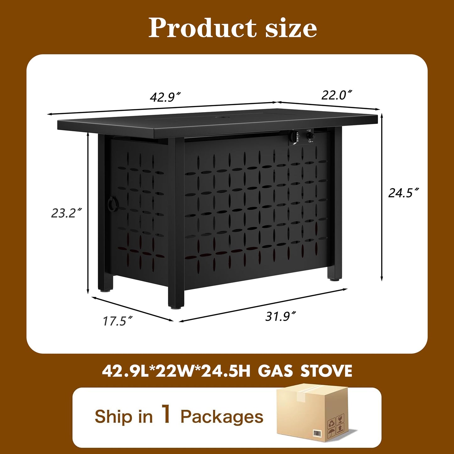 Walsunny 43 Inch Propane Fire Pit Table, Outdoor Fire Pit 50,000 BTU Gas Fire Pit Table, Fire Pits with Lid and Lava Rock for Outside, Patio, Garden, Yard