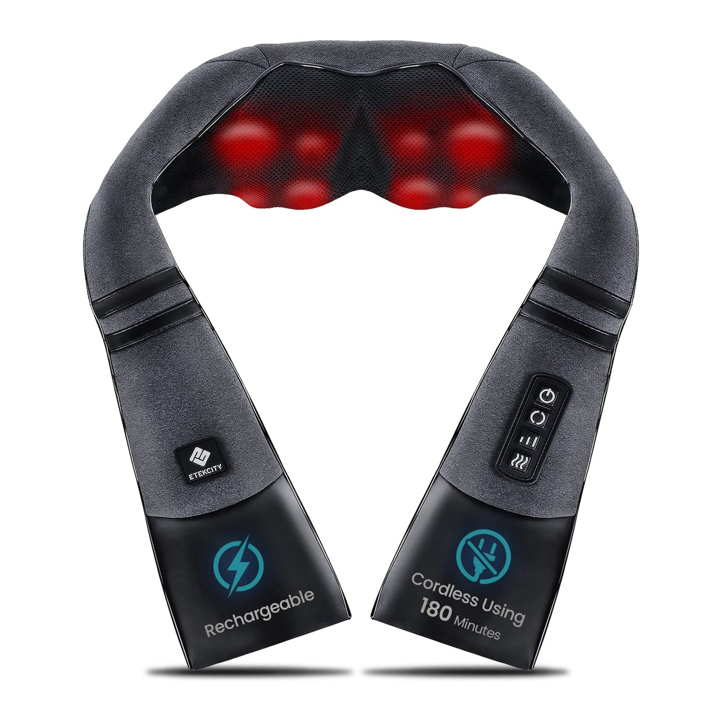 Etekcity Cordless Neck & Back Massager with Heat, Deep Tissue Shiatsu, Rechargeable Shoulder Pain Relief Wearable, 8 Nodes, 3 Intensities, Bi-Directional, 180-Min Battery, Soft PU Leather, Best Gift