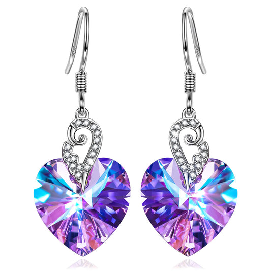 Kate Lynn Angel Wings 925 Sterling Silver Heart Earrings for Women, Christmas Birthday Gifts for Women Anniversary Jewelry for Girlfriend Wife, Mothers Day Gifts for Mom Daughter, Crystal Earrings Jewelry for Her