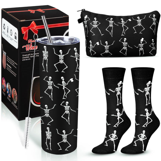 Geiserailie Halloween Goth Gifts Set Dancing Skeleton Insulated Tumbler with Lid and Straw Skull Makeup Bag and Skeleton Crew Socks Unisex Dress Socks Gift for Halloween Party, Friends, Sister, Mom