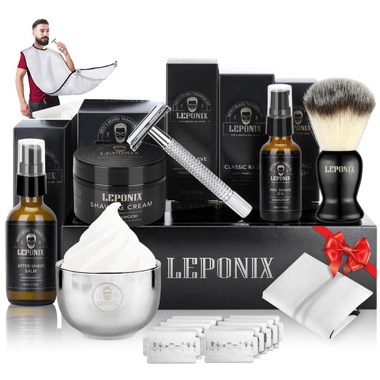 Shaving Kit for Men - The Ultimate Secret Santa Gift Set, Includes Safety Razor, Sandalwood Shaving Cream, Aftershave, Pre Shave Oil, Brush, Bowl & Apron Bib - Unique Gifts Set for Him Husband Dad