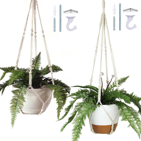 Bouqlife 43 Inches Macrame Plant Hanger Large for 14 inch Pot Extra Long No Tassel Cotton Rope Hanging Plant Holder with Ceiling Hook Bohemian Home Décor Beige 2Pack
