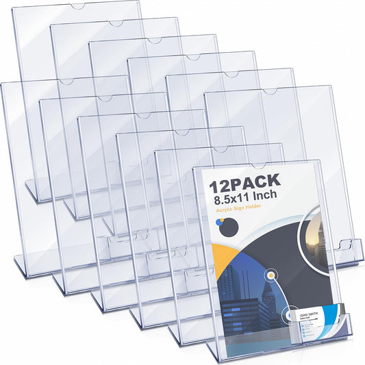 Geyee 12 Pcs 8.5 x 11 Acrylic Sign Holder with Business Card Holder Clear Brochure Display Stand with Attached Business Card Pocket Advertisement Printed Material Flyer Holder Flyer Stand Frame