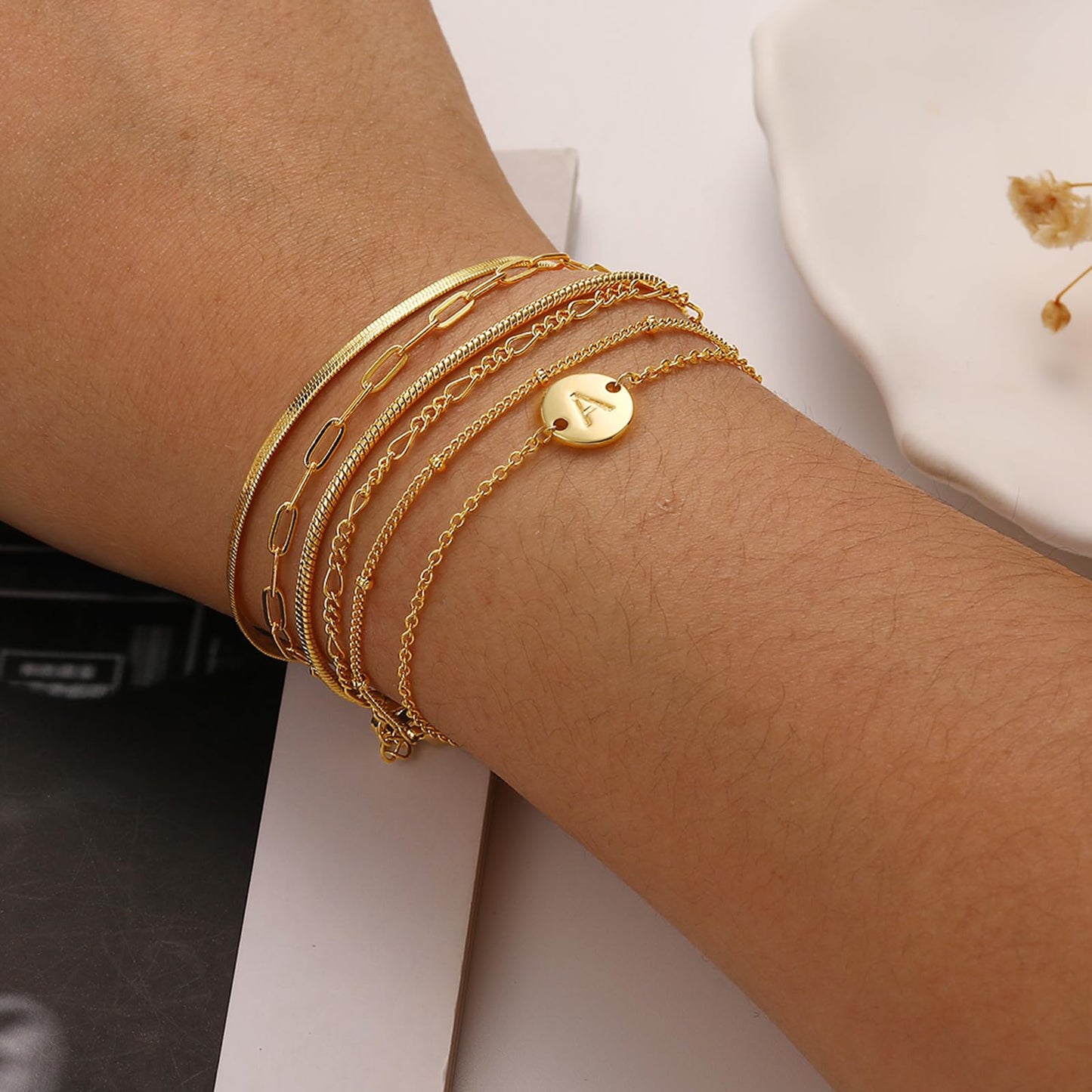 Lydow Bracelets for Women, Stack Jewelry Set Initial Q Chain Stackable Letter Teen Accessories Pulseras Para Mujer 6 Inch 6PCS