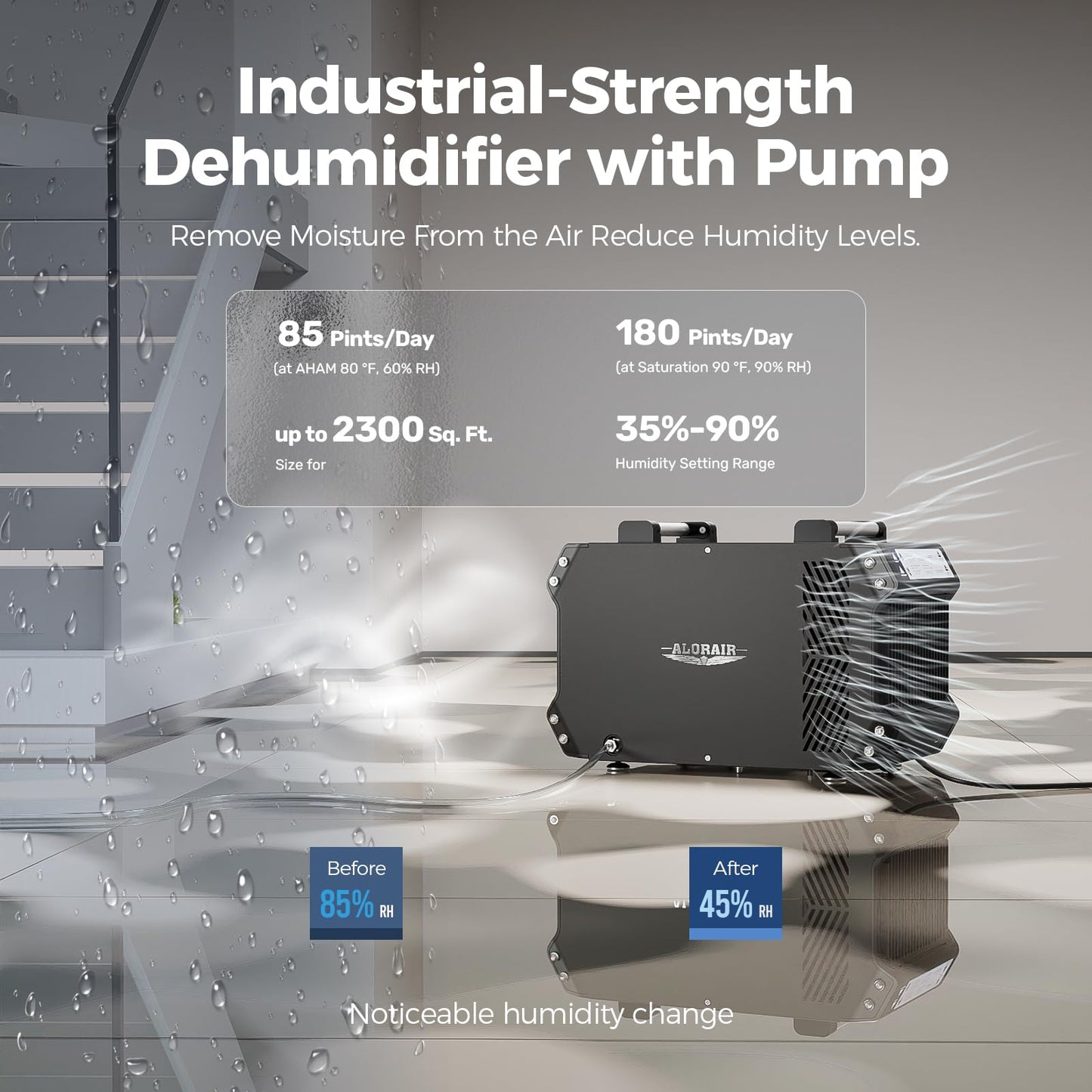 ALORAIR Crawlspace Dehumidifiers with Pump, 180 Pint Commercial Dehumidifier for Basements with Drain Hose, 2,300 Sq.Ft Auto Defrost Industry Crawl Spaces Dehumidifier