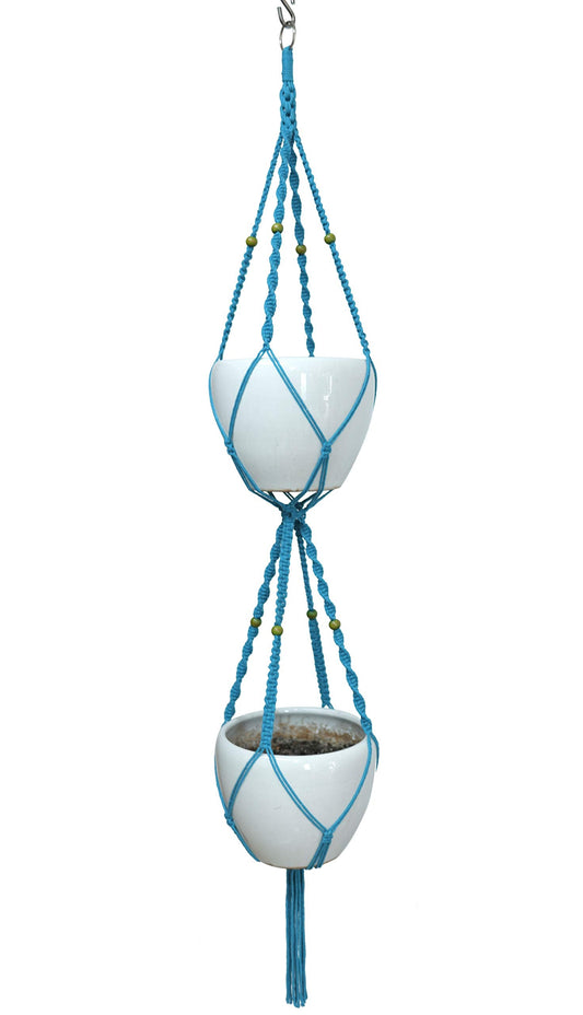 Macrame Plant Hanger & Holder, Hanging Planter 4 Legs Double Deck for 8 inch to 10 inch Two Pots Indoor Outdoor Hanging Planter Cotton Rope 67 Inch with Metal Ring (Cotton-Turquoise)