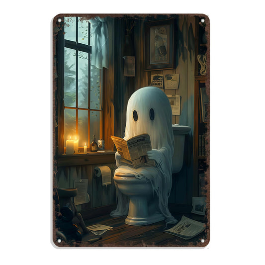 Vintage Halloween Decor Aluminum Metal Sign - Bathroom Wall Art With Cute Ghost Reading Newspaper On Toilet, Gothic Humor Funny Bathroom Signs For Goth Home Decor & Halloween Wall Decor 8x12in